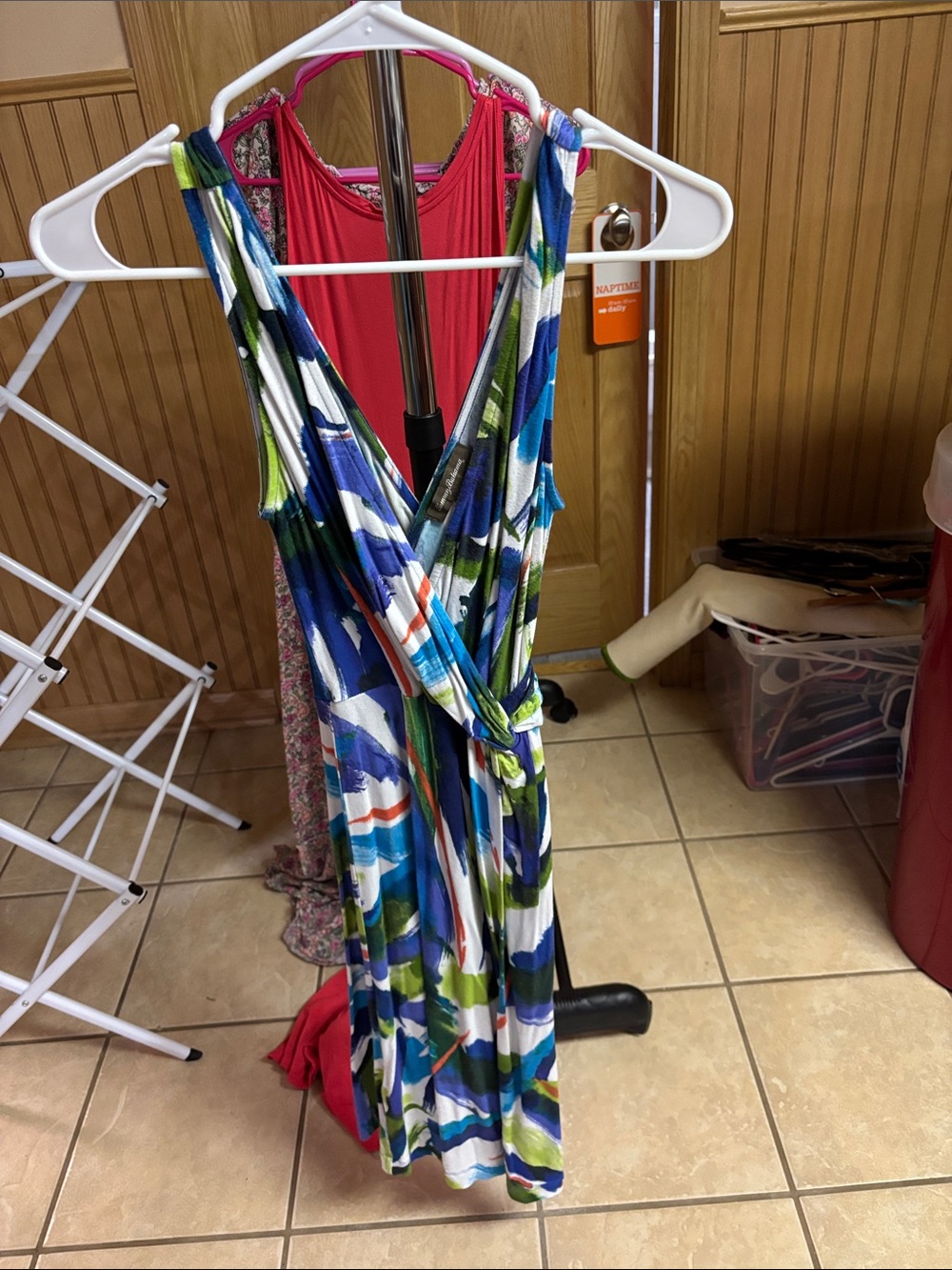 Sleeveless Wrap Dress in Blue-Green Abstract Print
